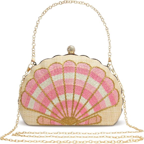 Women's Large Woven Straw Embroidered Shellsea Pattern Clutch Bag with Dual Chai - Picture 1 of 7